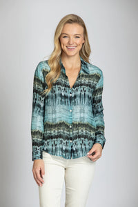 Blue Tribal Stripe - Button-up Top With Roll-up Tab Sleeve