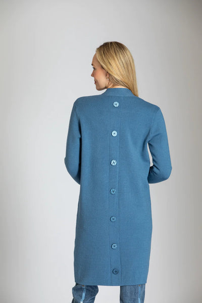 Open Front Cardigan With Back Button Detail - Dusty Blue
