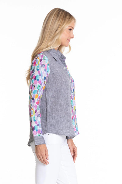 Button-up Top with Roll up Tab Sleeve/ Mix Media