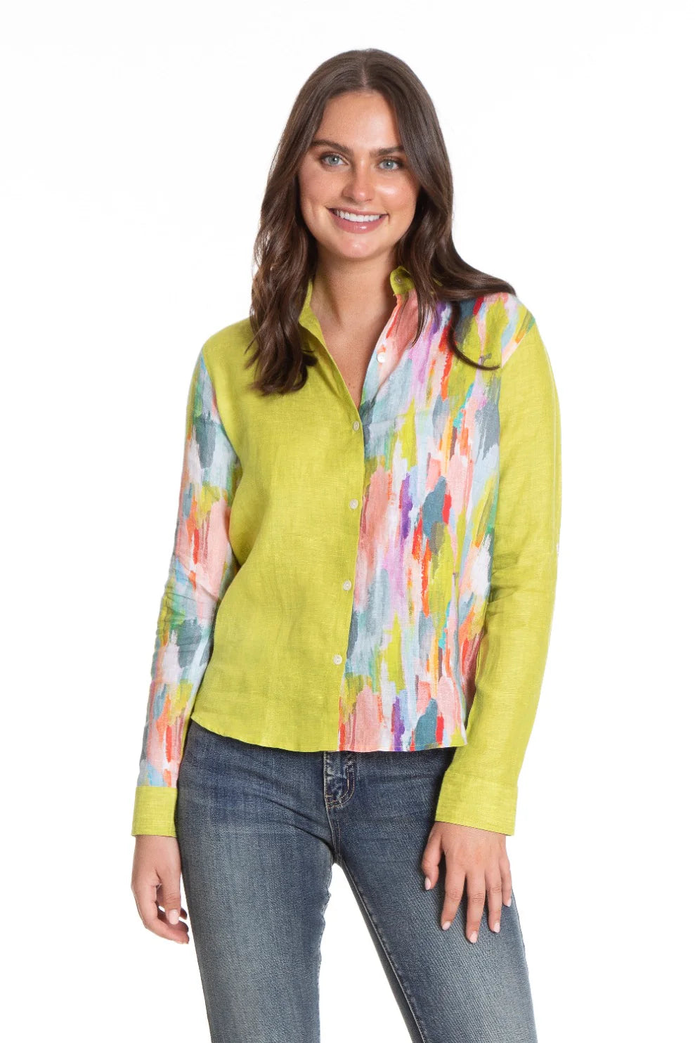 Colorful Abstract Mixed Media Print - Button-up with Roll up Tab Sleeve/Mix Media