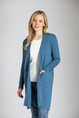 Open Front Cardigan With Back Button Detail - Dusty Blue