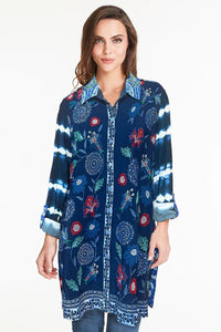 MIXED PRINT BUTTON FRONT TUNIC - BLUE PRINT