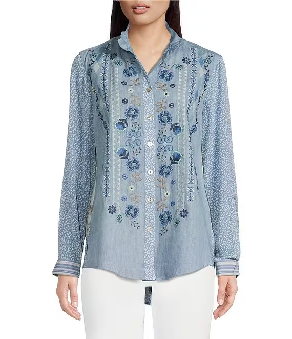 Embroidered Floral Multi Print Wire Collar Long Roll-Tab Sleeve High-Low Hem Tunic