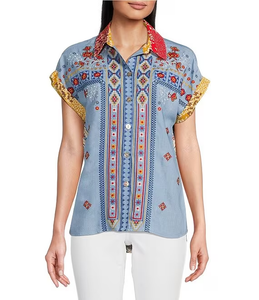 Embroiderd Eyelet Ditsy Floral Print Point Collar Short Fold Up Cuff Sleeve Button Front Tunic