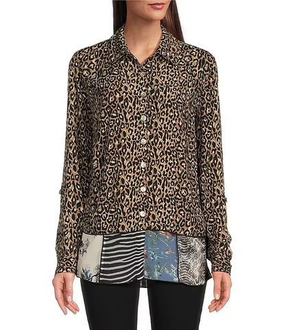 Woven Multi Animal Print Point Collar Long Roll-Tab Sleeve Button Front Tunic