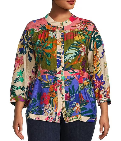 Woven Multi Floral Print Banded Neck 3/4 Blouson Sleeve Button Front Tunic PLUS